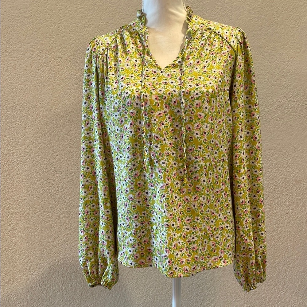 Green and Pink Long Sleeve Blouse with Tie Front